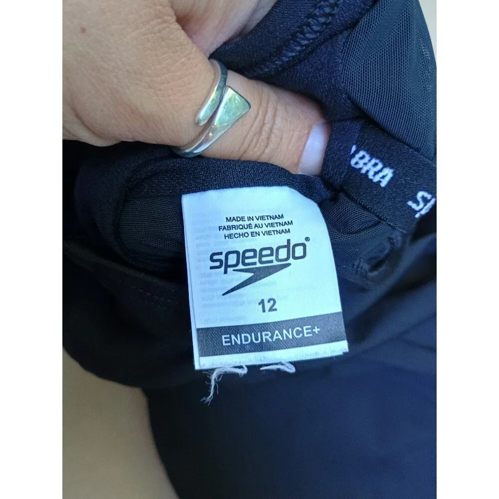 Speedo Endurance Women's Solid Shirred One Piece Tank Swimsuit Black Sz 12